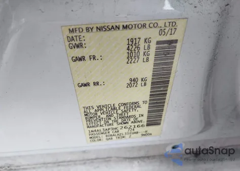 2017 Nissan Altima 2.5 Sr z USA, uszkodzony, nr VIN 1N4AL3AP3HC262166